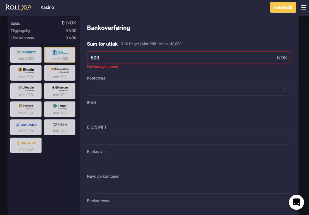 RollXO Casino uttak